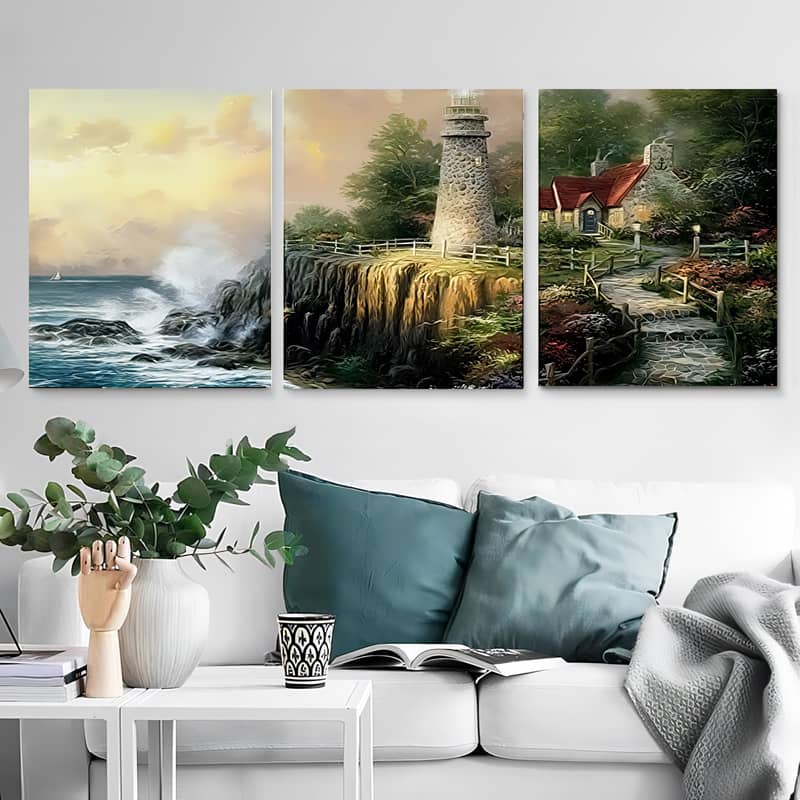 Diamond Painting 3 teilig - Leuchtturm an rauer Küste mit Haus - gedruckt in Ultra-HD - multi3