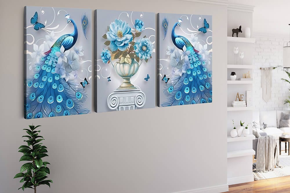 Diamond Painting 3 teilig - Pfau, Blume und Pfau - gedruckt in Ultra-HD - multi3
