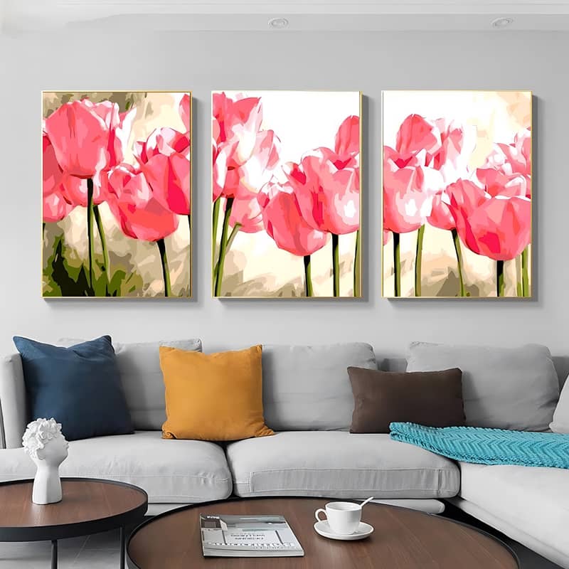 Diamond Painting 3 teilig - Tulpenfeld in der Sonne - gedruckt in Ultra-HD - multi3