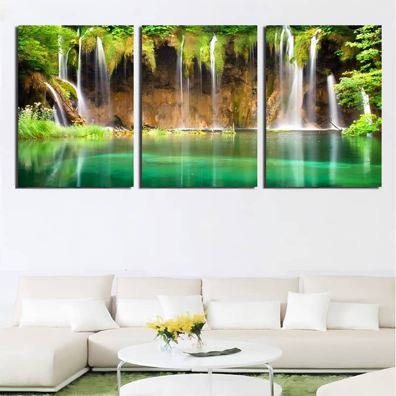 Diamond Painting 3 teilig - Wasserfallhöhle, Oase - gedruckt in Ultra-HD - multi3