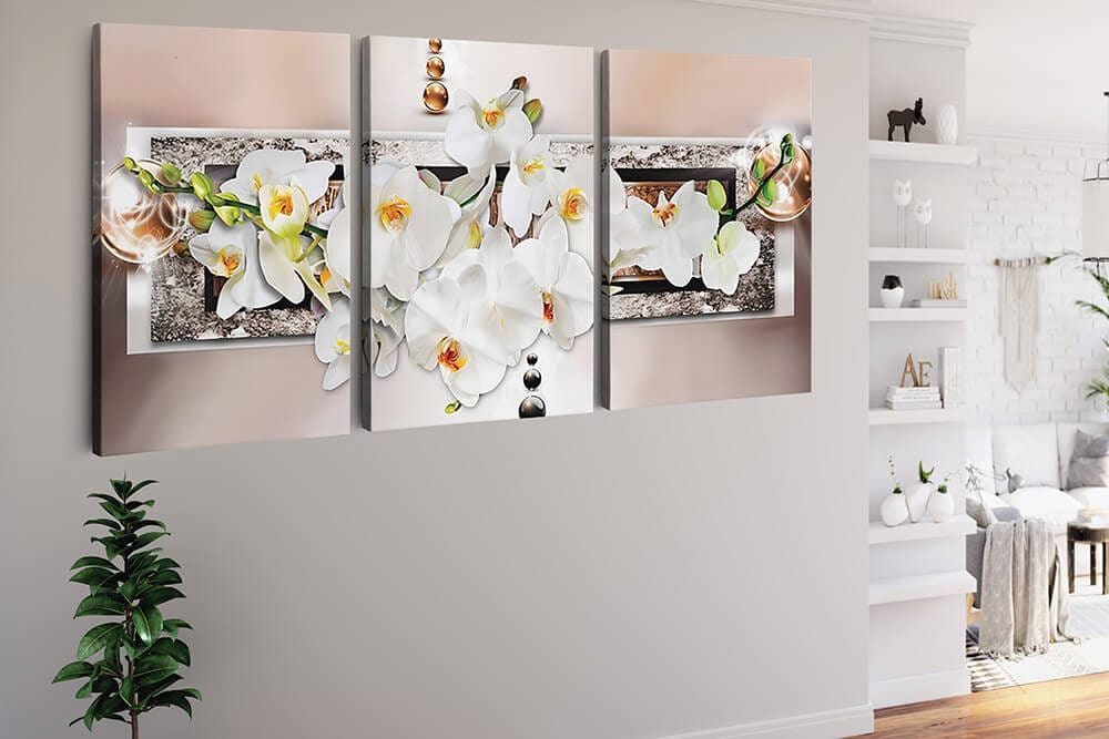 Diamond Painting 3 teilig - weiße Orchideen und Perlen - gedruckt in Ultra-HD - multi3