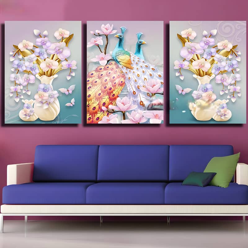 Diamond Painting 3 teilig - Zwei Pfaue und Blumen in Vasen - gedruckt in Ultra-HD - multi3