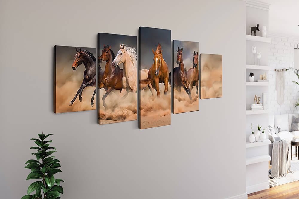 Diamond Painting 5 teilig - Galloppierende Pferde im Sand - gedruckt in Ultra-HD - multi5