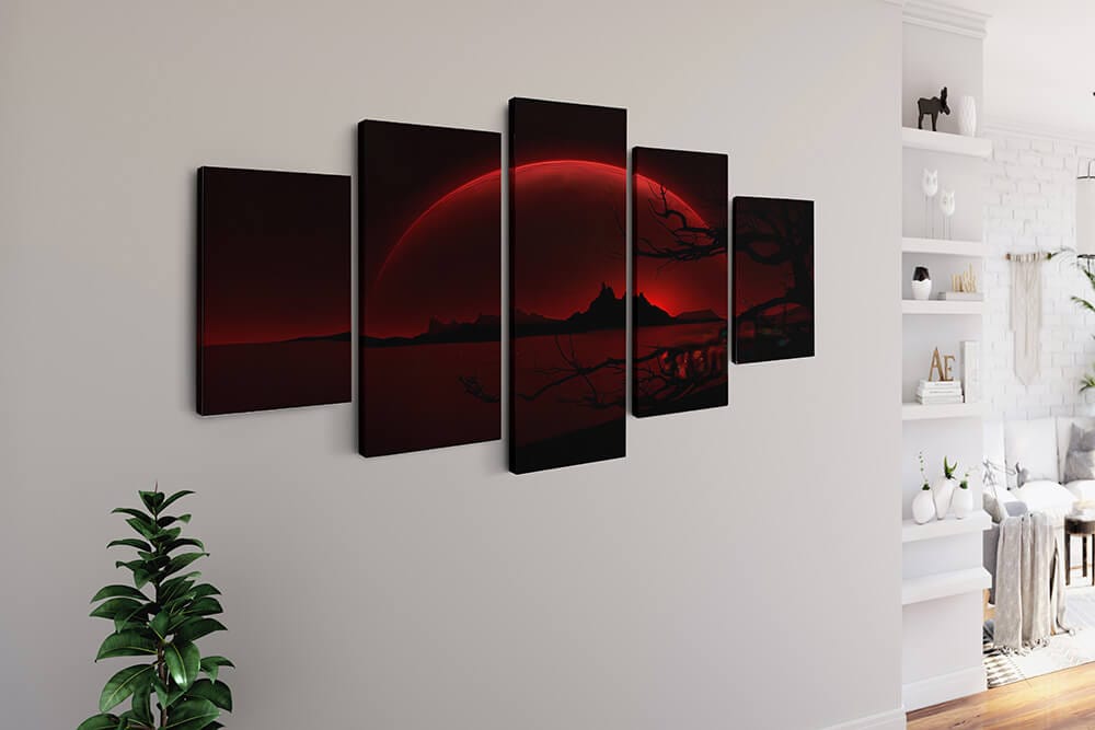 Diamond Painting 5 teilig - Großer Roter Mond hinter den Bergen - gedruckt in Ultra-HD - multi5
