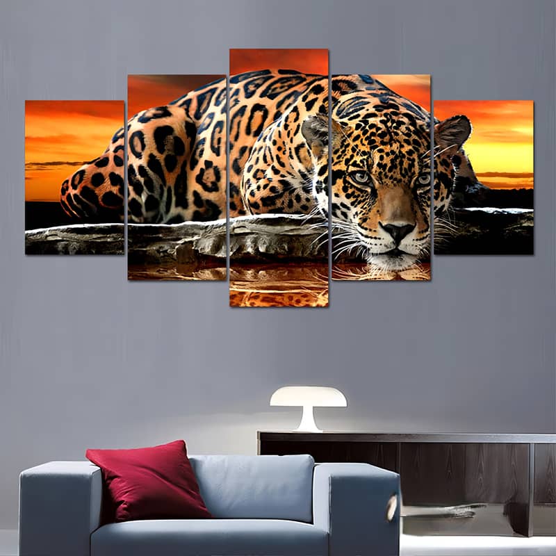 Diamond Painting 5 teilig - Liegender Leopard, vor dem Sonnenuntergang - gedruckt in Ultra-HD - multi5