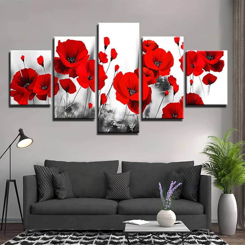 Diamond Painting 5 teilig - Mohnblumen vor Schwarz und Weiß - gedruckt in Ultra-HD - multi5