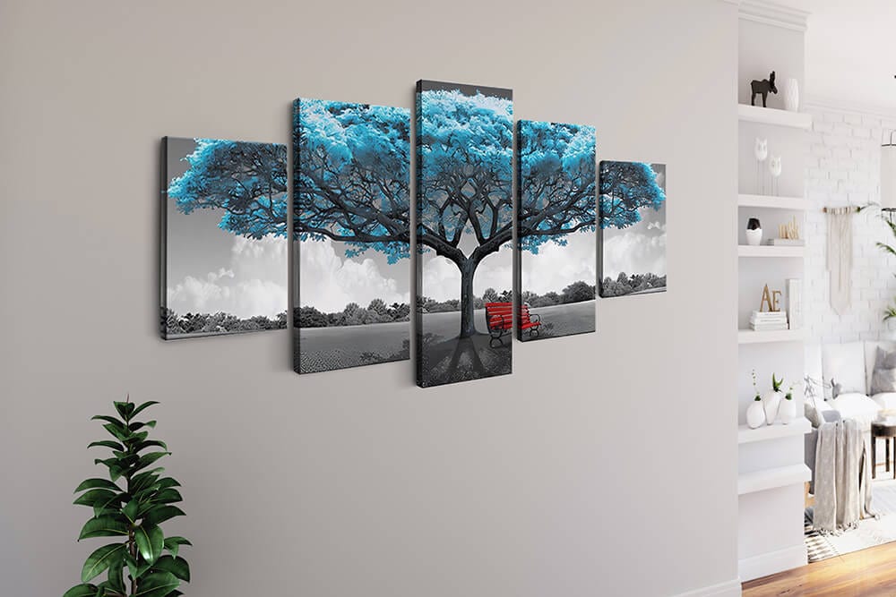 Diamond Painting 5 teilig - Türkiser Baum mit Roter Bank - gedruckt in Ultra-HD - multi5