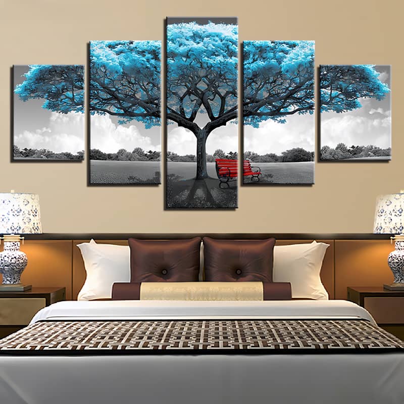 Diamond Painting 5 teilig - Türkiser Baum mit Roter Bank - gedruckt in Ultra-HD - multi5