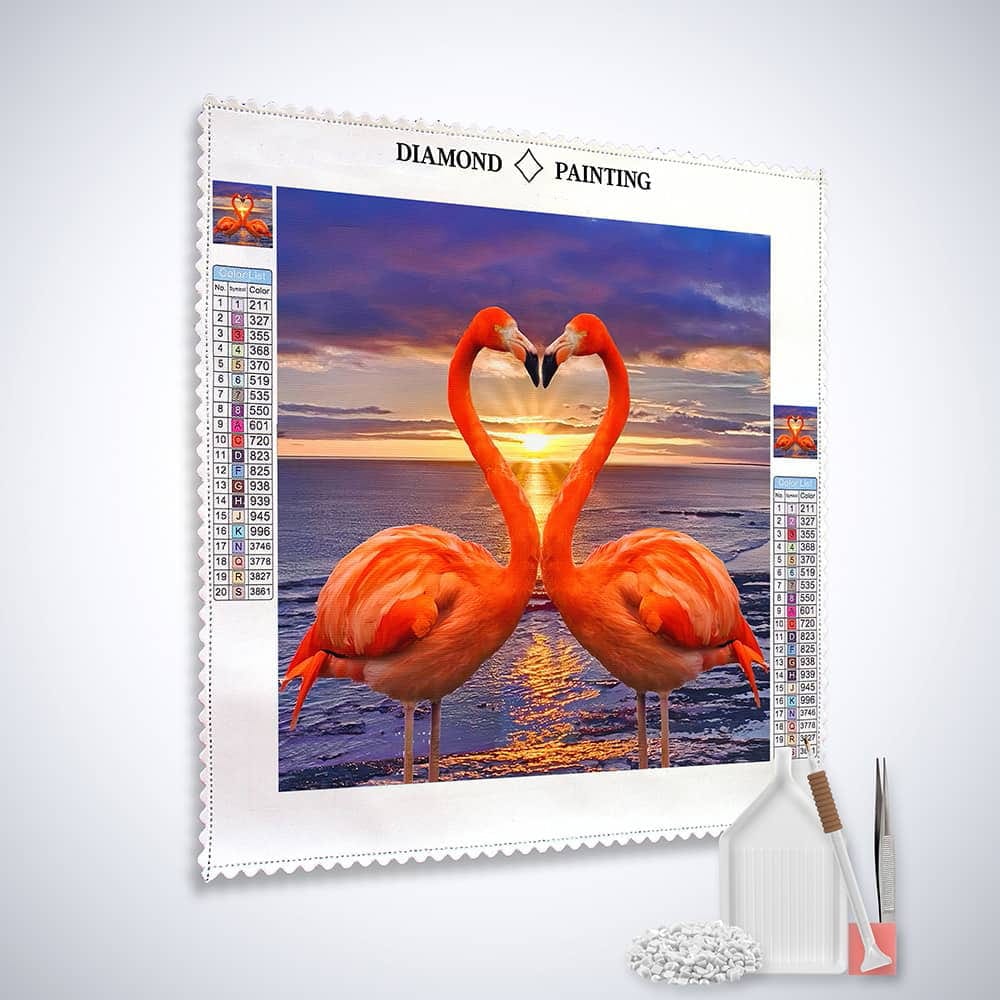 Diamond Painting - Flamingo Herz im Sonnenuntergang - gedruckt in Ultra-HD - flamingos, sonnenuntergang, tiere