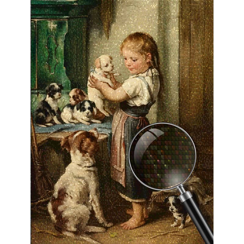Diamond Painting - Kind mit Hundewelpen - gedruckt in Ultra-HD - bekannte künstler, hund, menschen