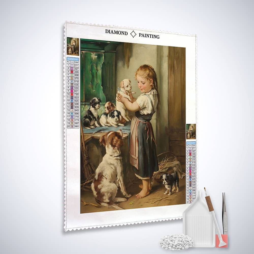 Diamond Painting - Kind mit Hundewelpen - gedruckt in Ultra-HD - bekannte künstler, hund, menschen