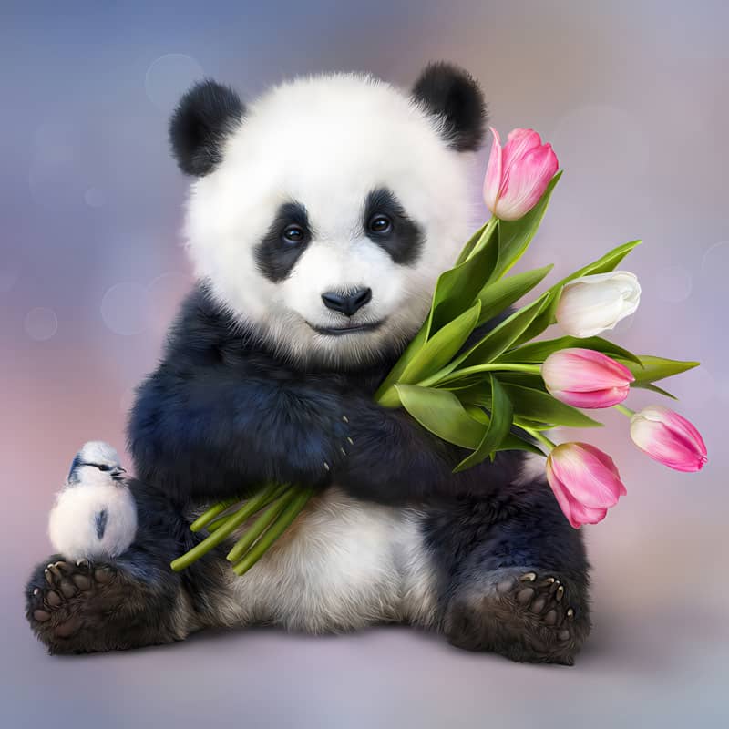 Diamond Painting - Pandabär mit Tulpenstrauß - gedruckt in Ultra-HD - panda, tiere, tulpen