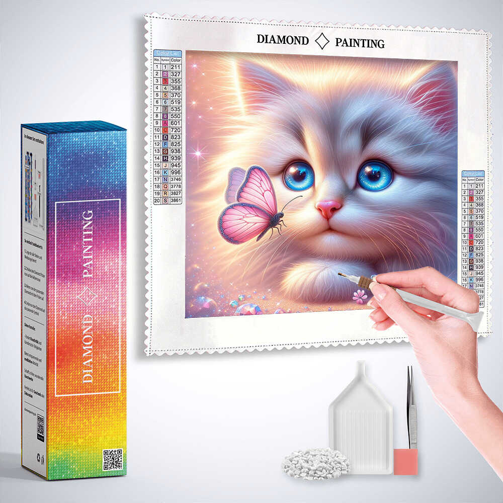 Diamond Painting - Kätzchen mit rosa Schmetterling