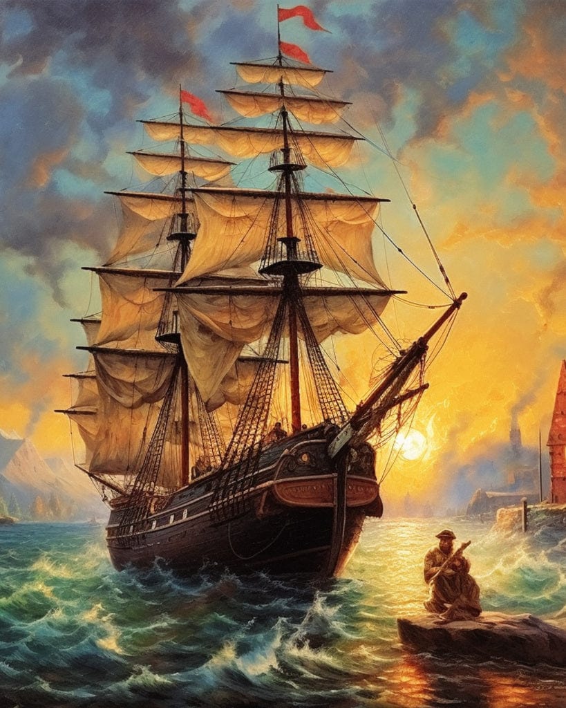 Diamond Painting -  Schiff im Sonnenaufgang, raue See