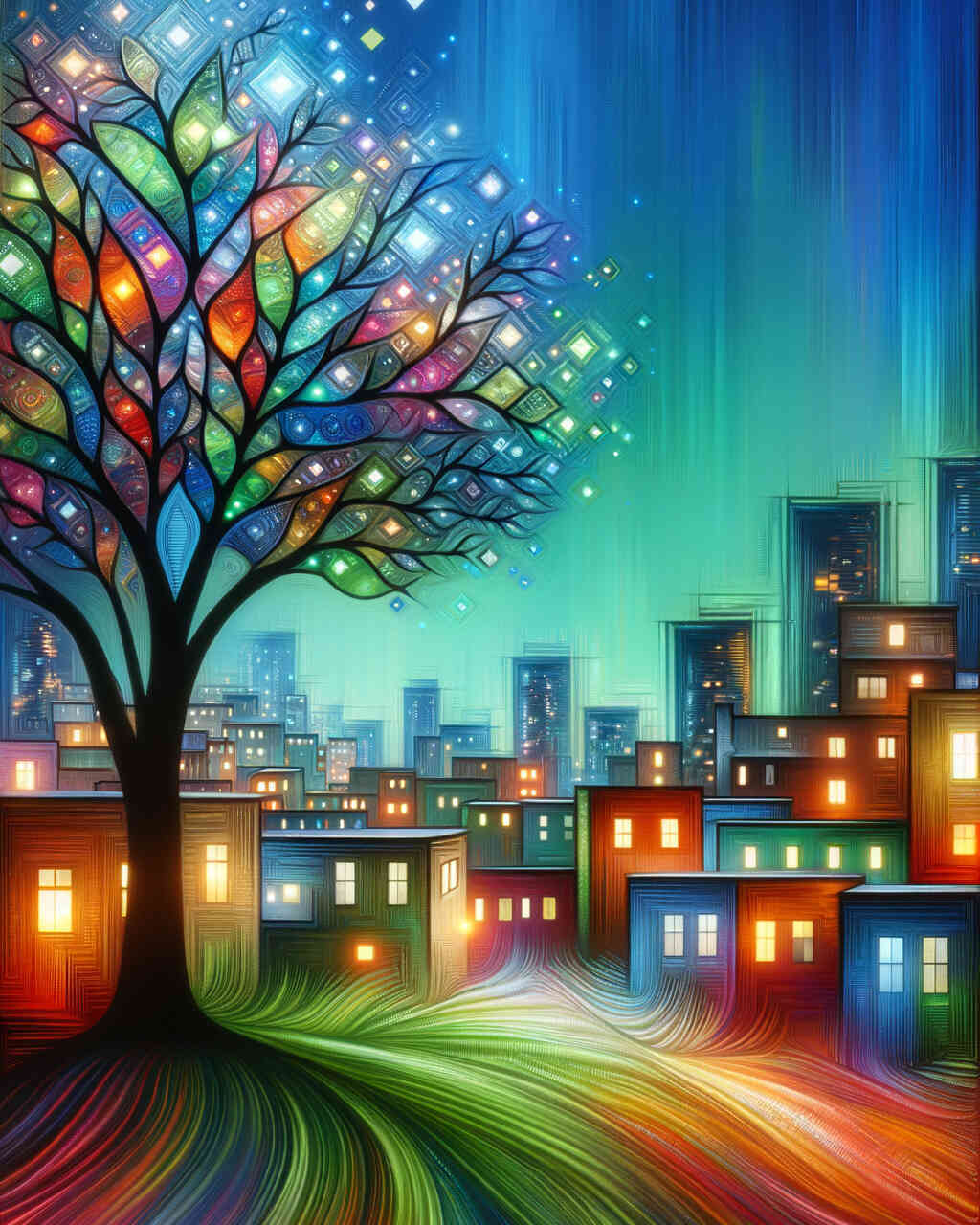 Diamond Painting - Stadt um Baum abstrakt