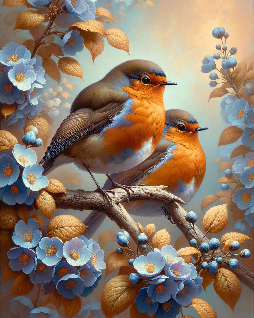 Diamond Painting - Rotkehlchen, blaue Blumen