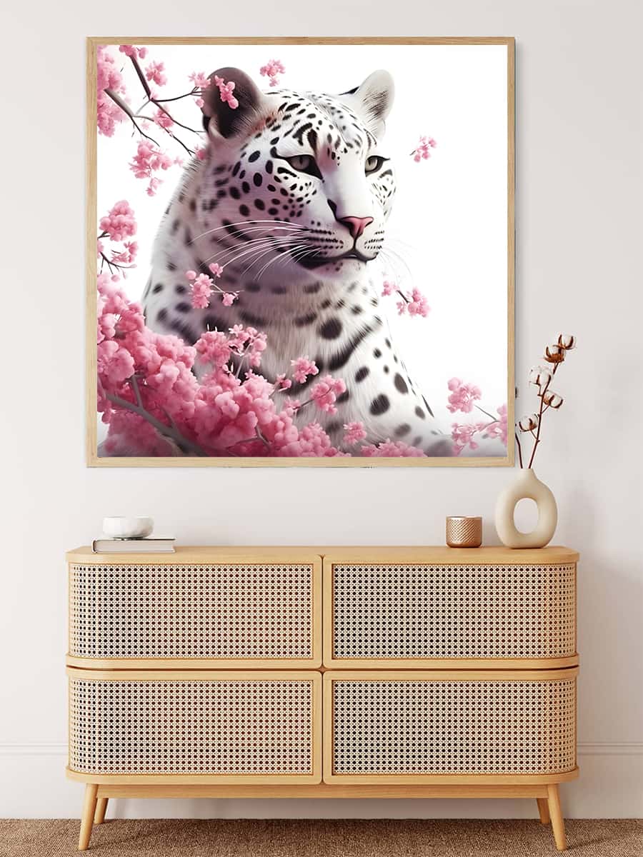 Diamond Painting - Schneeleopard mit Rosenblüten - gedruckt in Ultra-HD - Blumen, Leopard, Neu eingetroffen, Quadratisch, Tiere