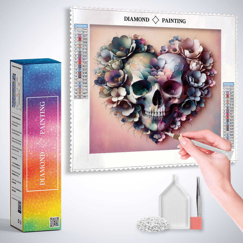 Diamond Painting - Totenköpfe, Herzblumen